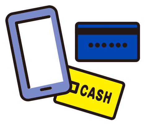 Cash card, credit card, mobile phone illustration.