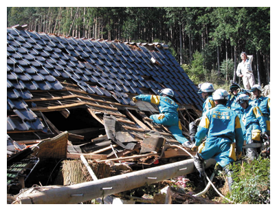 倒壊した家屋内を捜索する広域緊急援助隊
