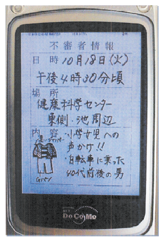 携帯電話に発信される画面(文字のほか、手書きの絵や地図等を提供)