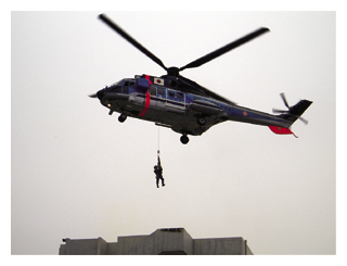 トピックス 写真　ヘリコプターによる救出救助訓練を行う広域緊急援助隊