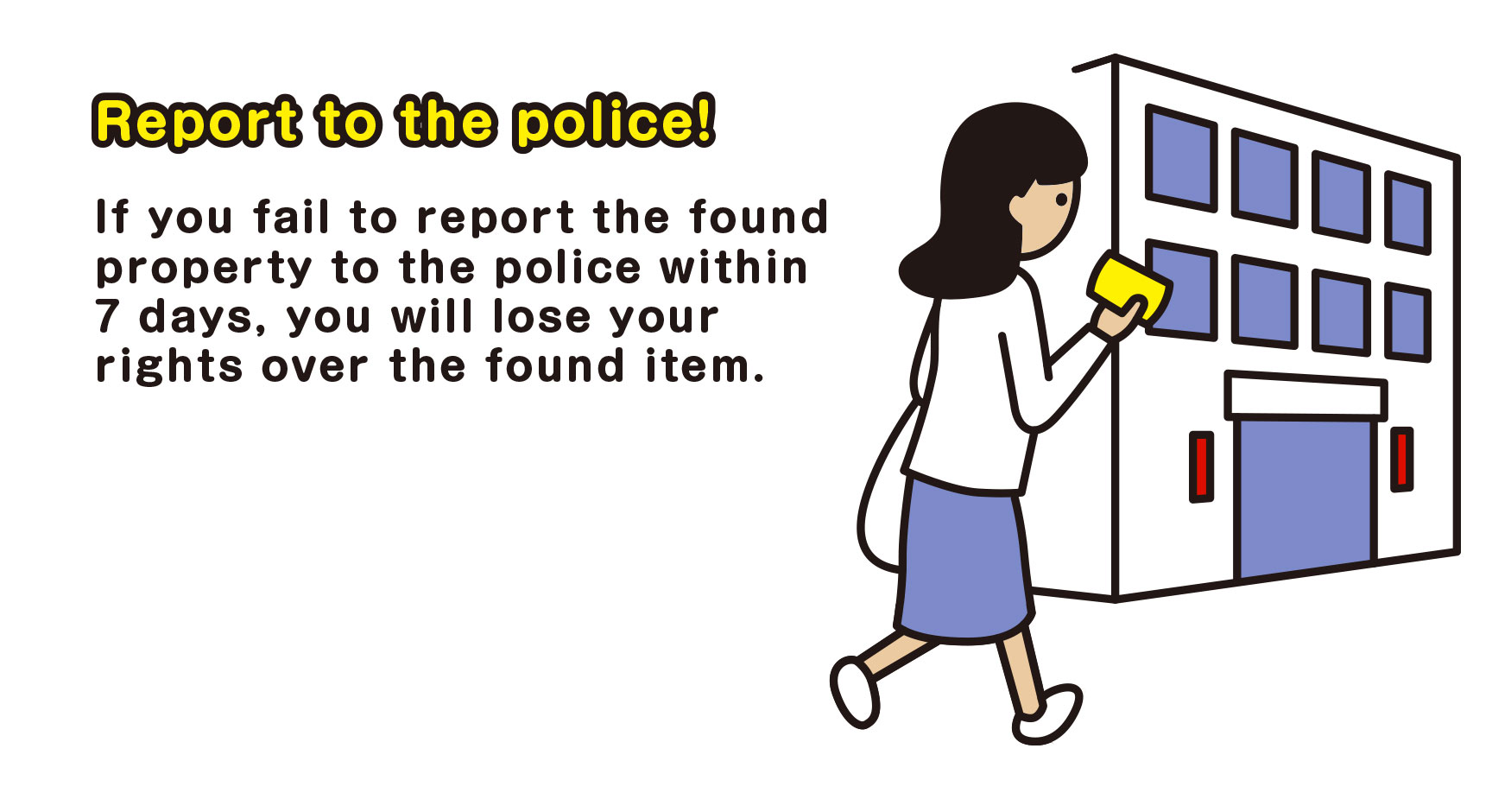 Report to the police！　If you fail to report the found property to the police within 7 days, you will lose your rights over the found item.