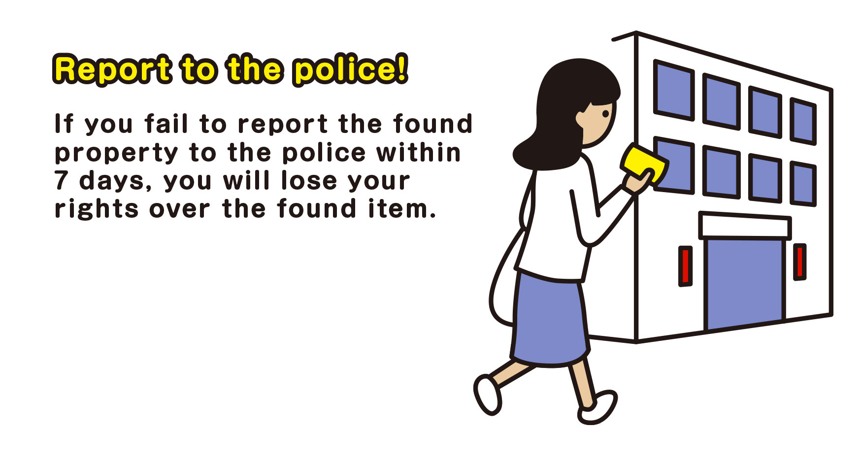 Report to the police!　If you fail to report the found property to the police within 7 days, you will lose your rights over the found item.