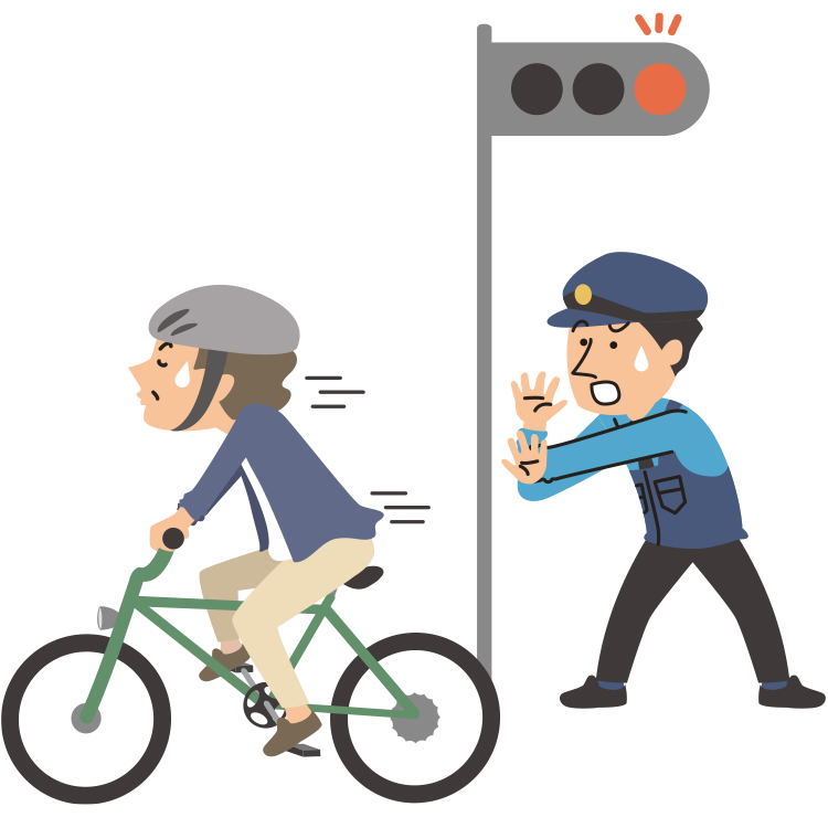 警察官の姿を 認めながら 信号無視を敢行する人のイラスト
