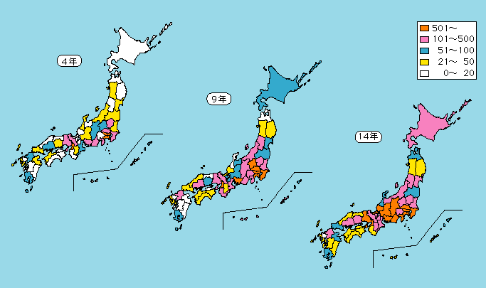 図1-11　来日外国人刑法犯の発生都道府県別検挙件数の推移（平成4，9，14年）