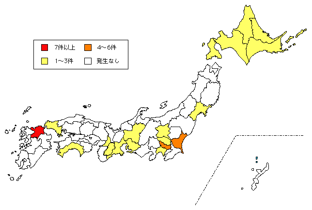 図2-13　都道府県別銃器発砲事件の発生状況（平成20年）