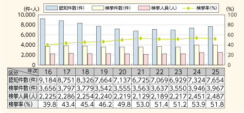 図表－13　強制わいせつの認知・検挙状況の推移（平成16～25年）