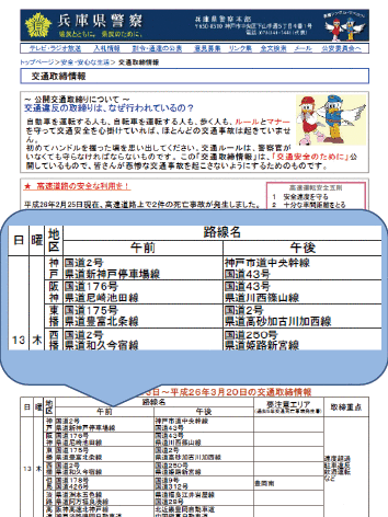 取締りの路線・場所の公表（兵庫県警察のウェブサイト）