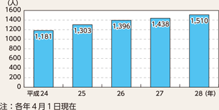 図表6-10　留置業務に従事している女性警察職員数の推移（平成24～28年）