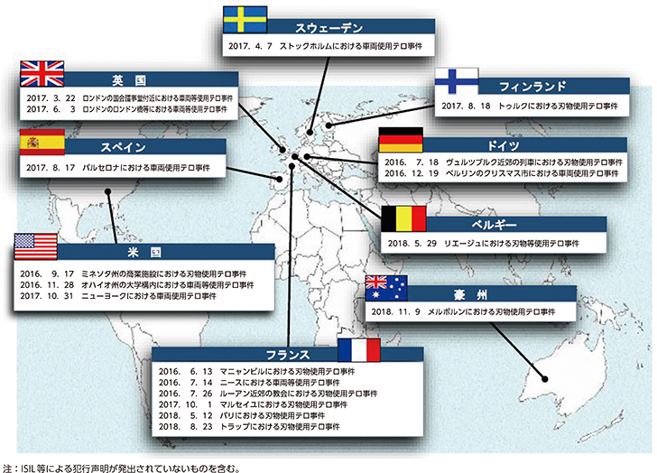 図表特2-5　近年欧米諸国等で発生した刃物、車両等が用いられた主なテロ事件