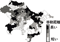 犯人の居住地から犯行地点までの移動距離の地域差のイメージ図